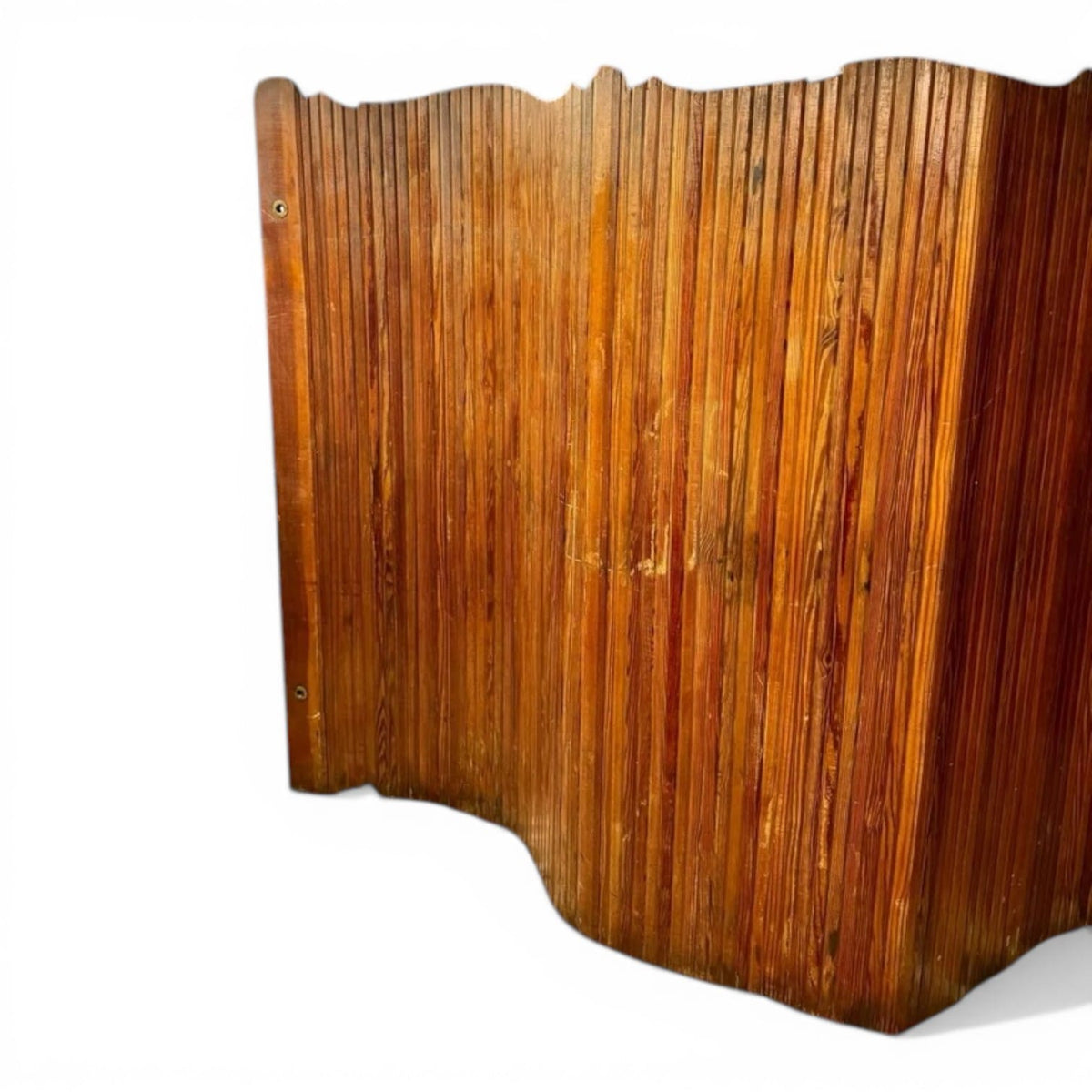Distressed mid century slatted wood tambour room divider attributed to Manufrance with undulating edges and a time worn patina.