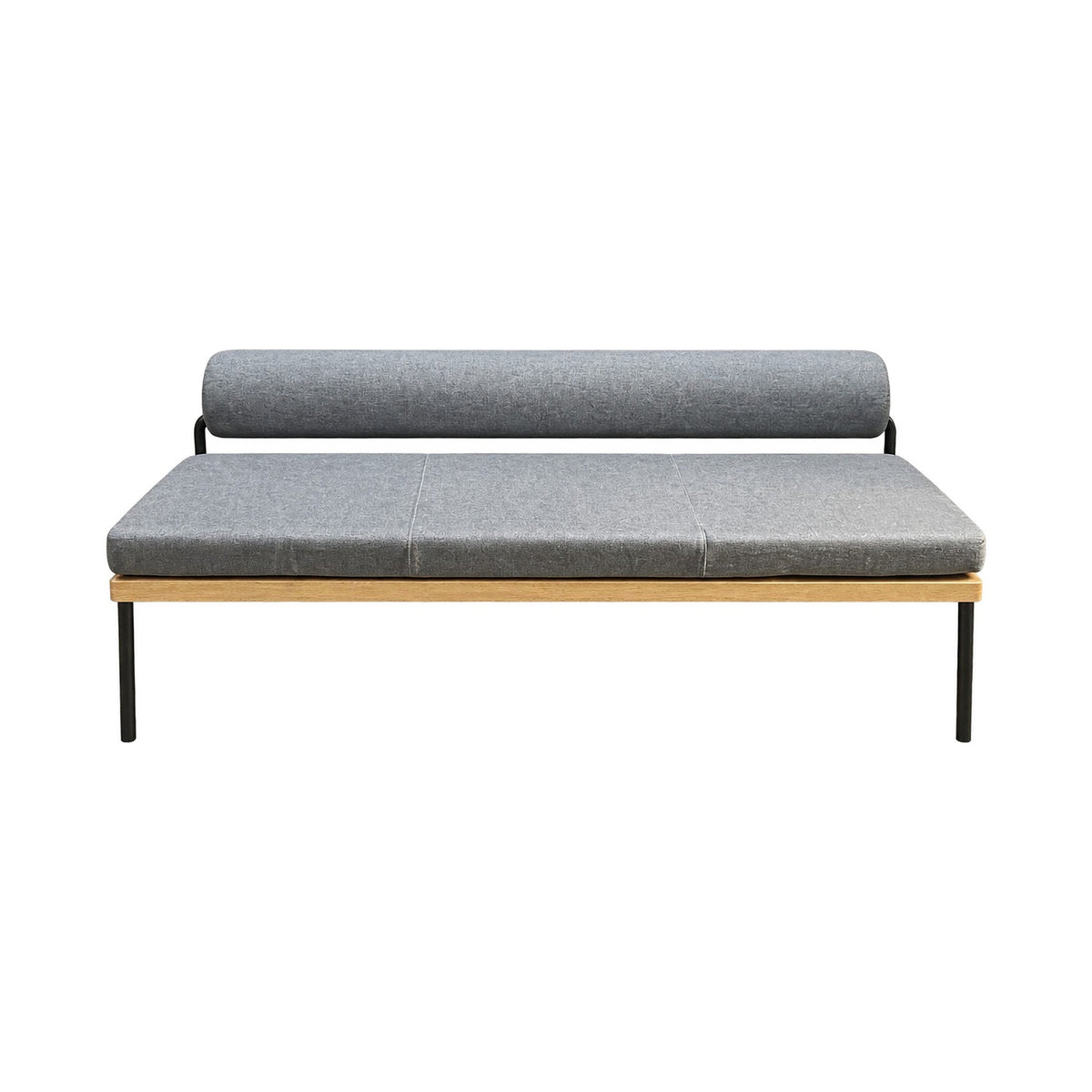 Banco moderno con cojín y respaldo tapizados en gris, estructura de madera y patas de metal negro