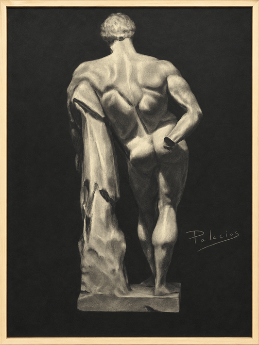 Dibujo a carboncillo de desnudo masculino clásico de espaldas junto a una escultura drapeada, sobre fondo negro