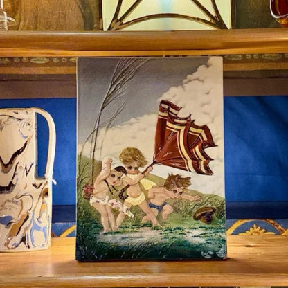Antique enamelled ceramic plaque artwork by Mario Brunetti depicting a figurative scene of children with vibrant polychrome glazes and original framing.