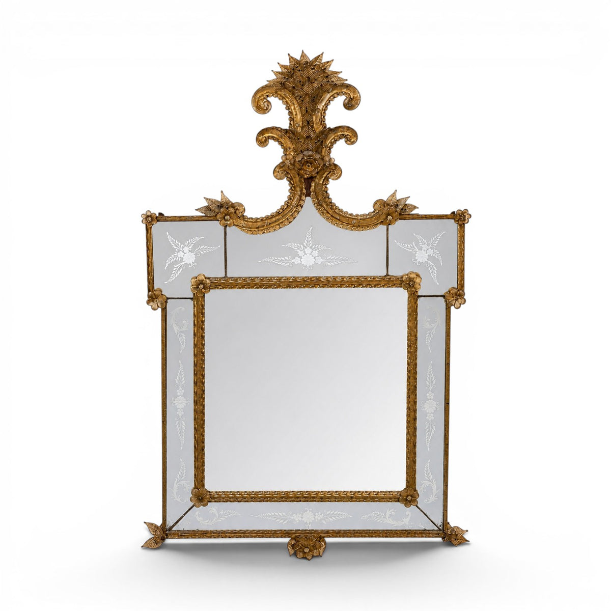 Vintage rectangular Venetian style wall mirror with etched panels and a floral crest made of yellow smoked glass.