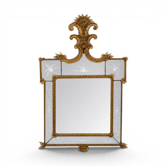 Vintage rectangular Venetian style wall mirror with etched panels and a floral crest made of yellow smoked glass.
