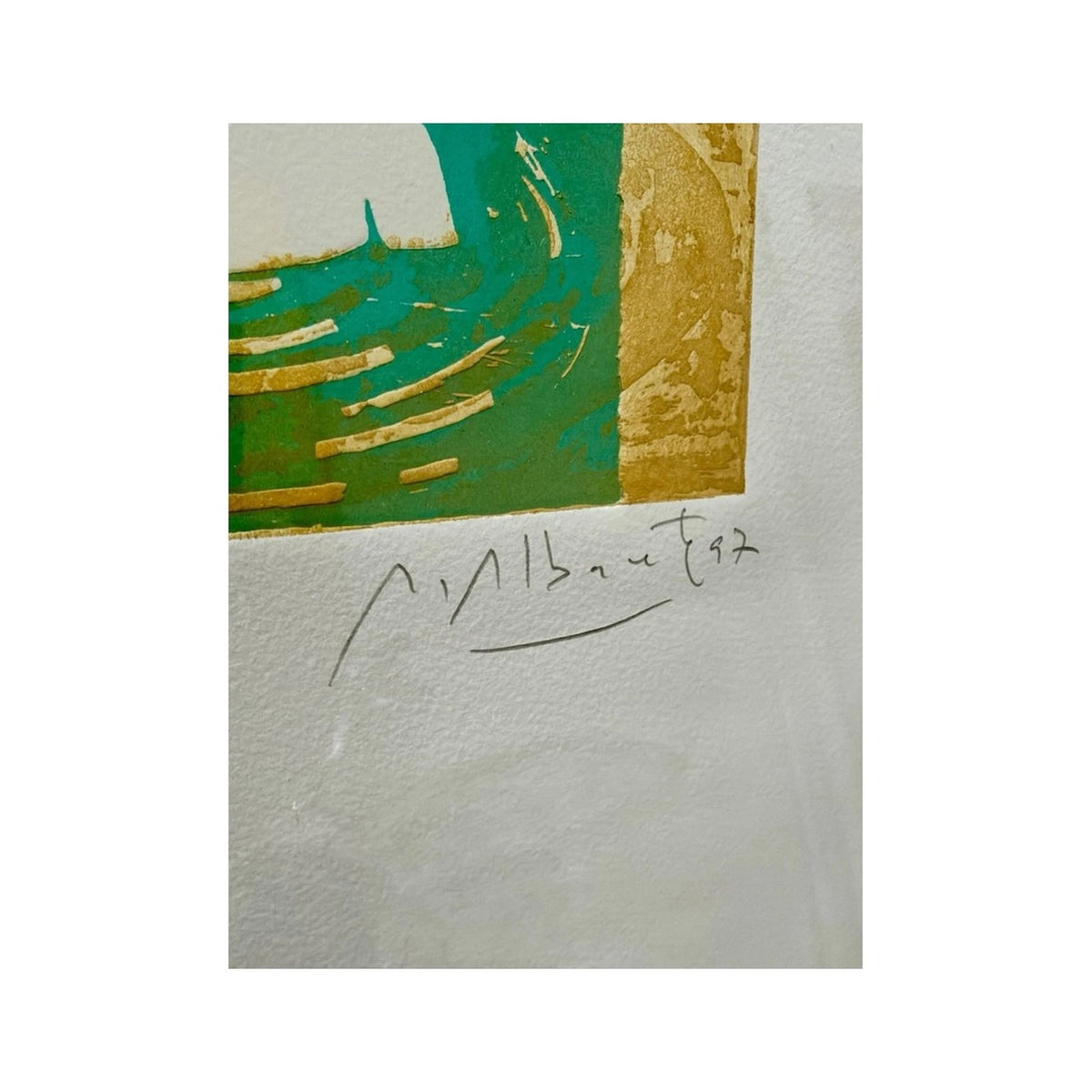 Detalle de la firma a lápiz de Alfonso Albacete en el margen del grabado