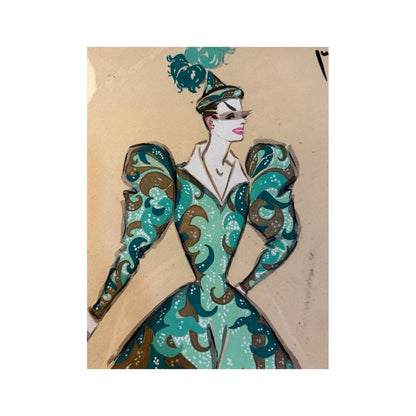 Detalle del dibujo de vestuario: figura con traje turquesa y marrón, mangas abullonadas y tocado