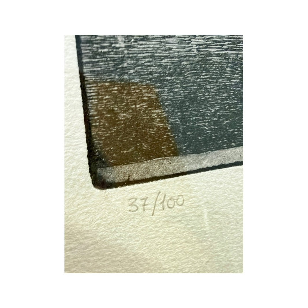 Detalle del grabado con la edición 37/100 escrita a lápiz en el margen