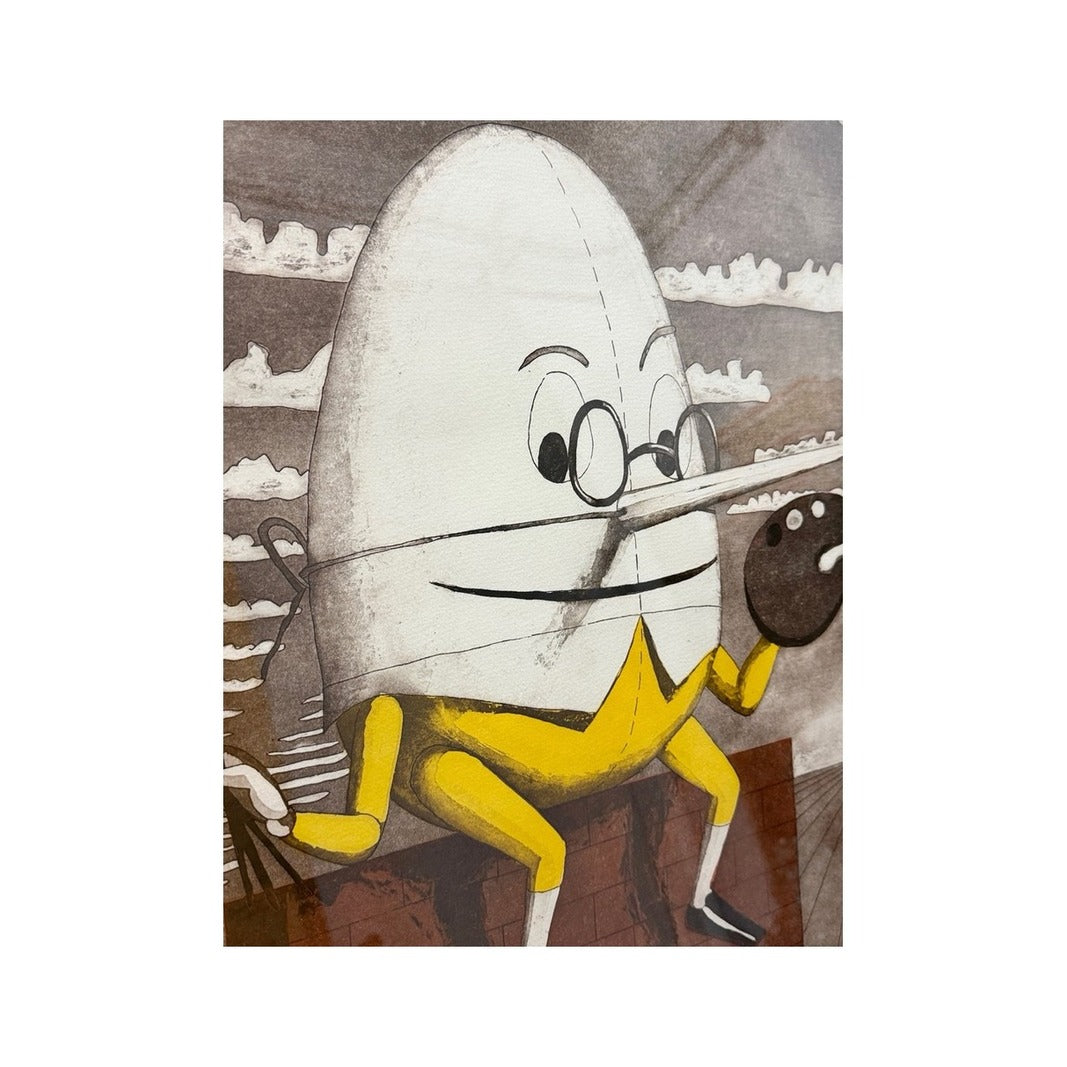 Detalle del grabado de Humpty-Dumpty con gafas, pincel y traje amarillo