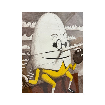 Detalle del grabado de Humpty-Dumpty con gafas, pincel y traje amarillo