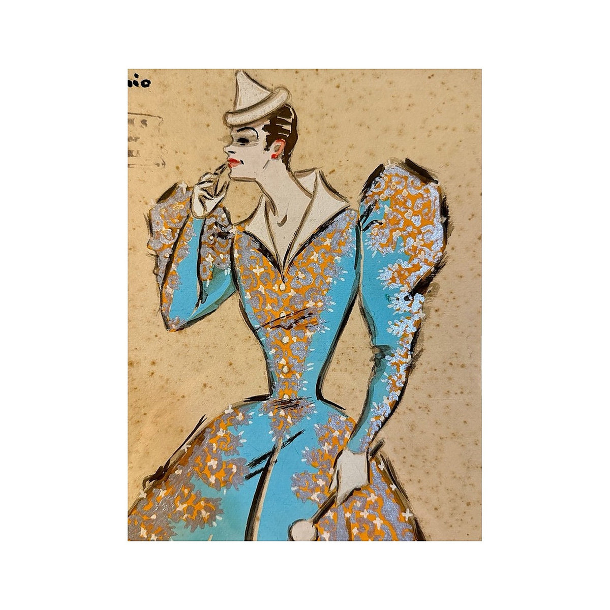 Detalle del traje azul turquesa con motivos naranjas y blancos en el dibujo de diseño de vestuario