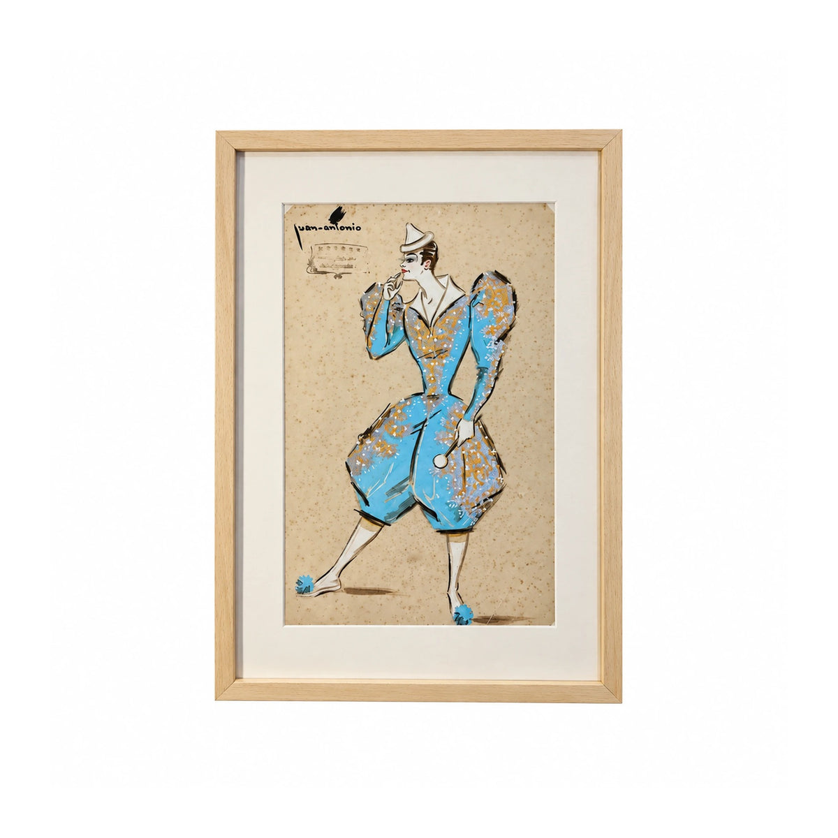 Dibujo de diseño de vestuario de Juan Antonio Tagle, figura con traje azul turquesa y detalles naranjas y blancos, enmarcado
