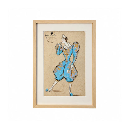Dibujo de diseño de vestuario de Juan Antonio Tagle, figura con traje azul turquesa y detalles naranjas y blancos, enmarcado