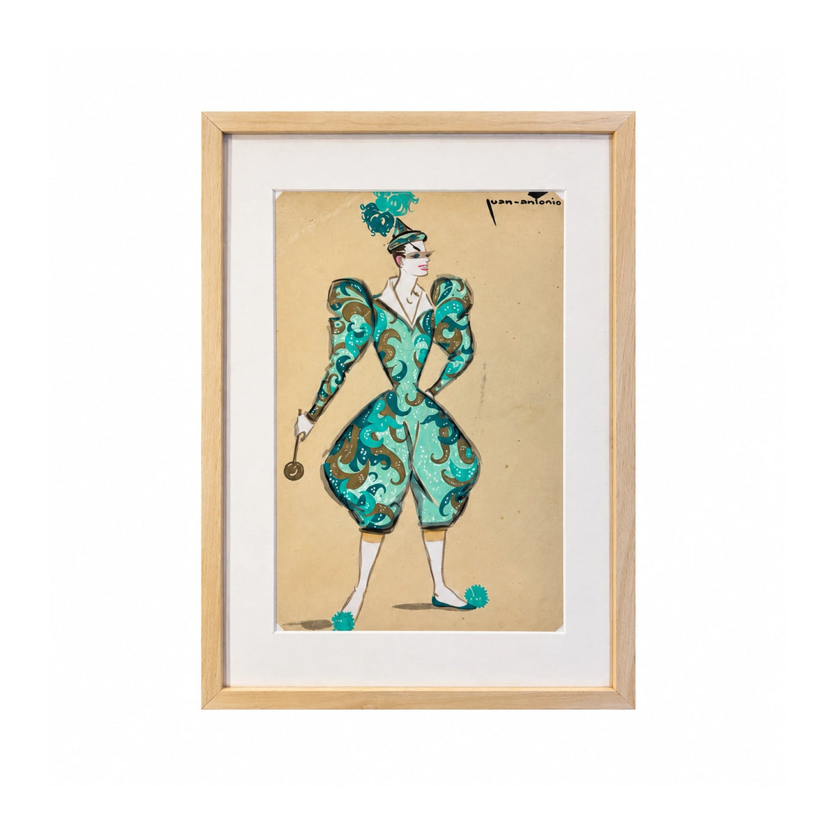 Dibujo de vestuario de Juan Antonio Tagle en tonos turquesa y marrón, enmarcado; figura con traje estampado