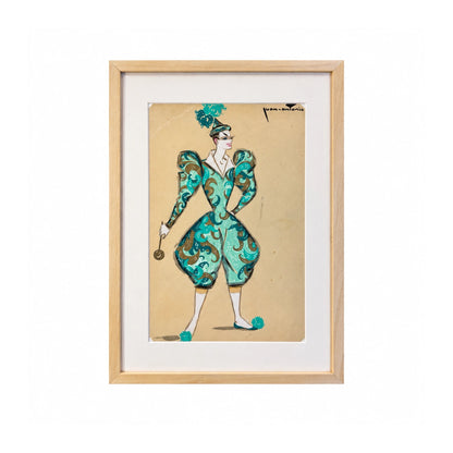 Dibujo de vestuario de Juan Antonio Tagle en tonos turquesa y marrón, enmarcado; figura con traje estampado