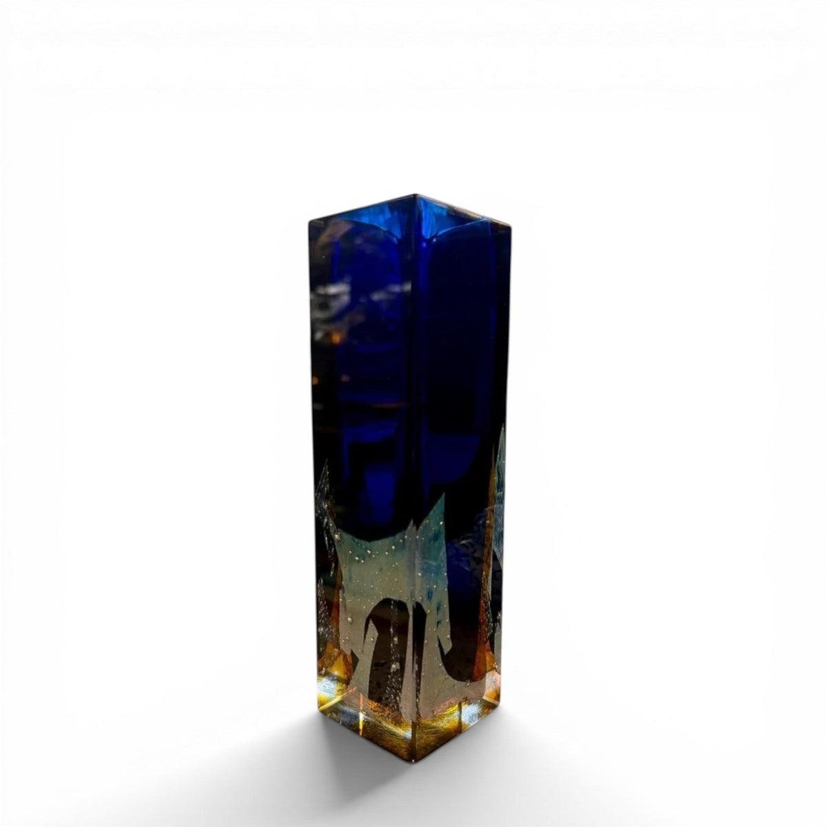 La Basilica Galeria Geometric Sommerso glass vase by Pavel Hlava, cobalt blue core with golden amber base, clear glass casing.