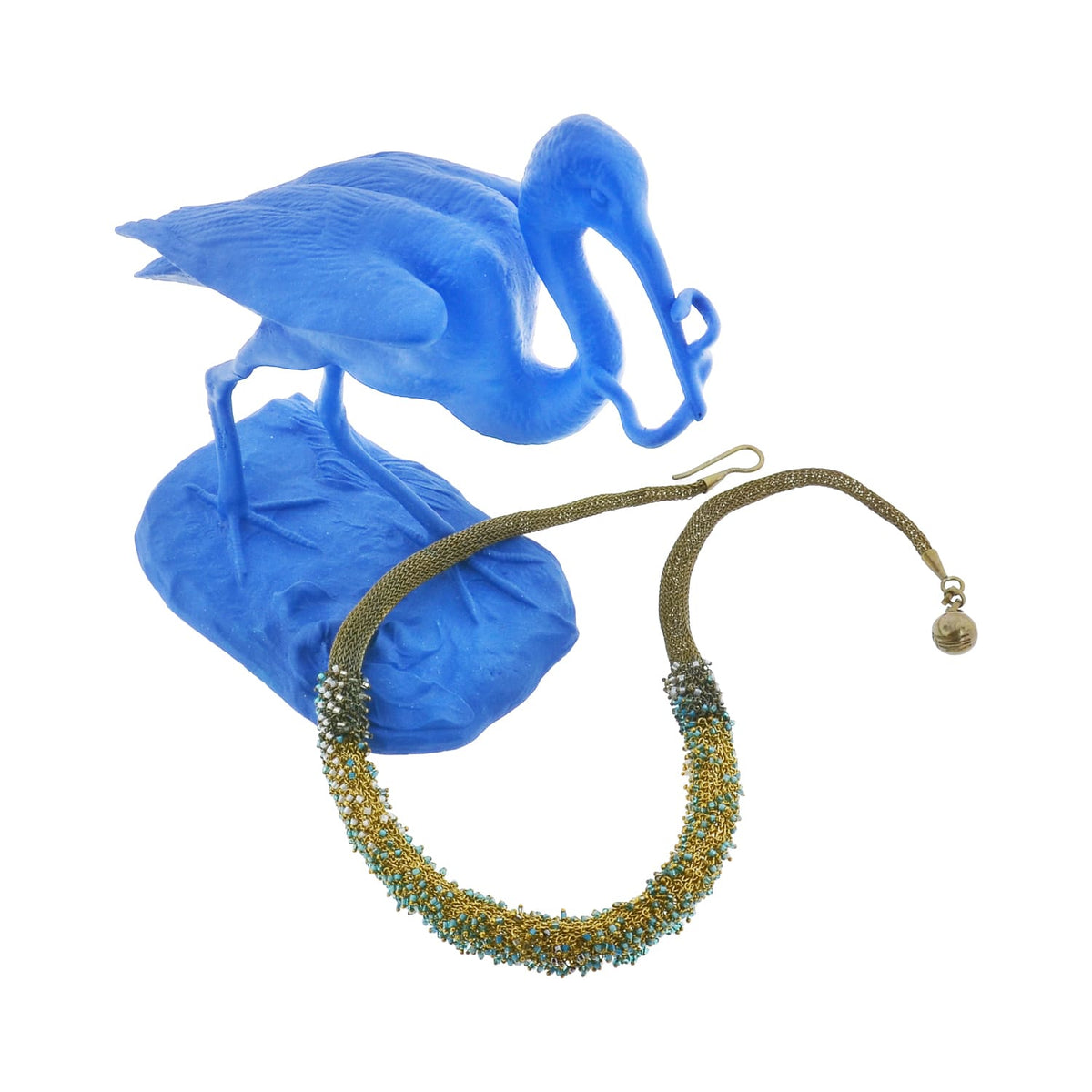 Gold-Tone Mesh Collar with Turquoise Beads