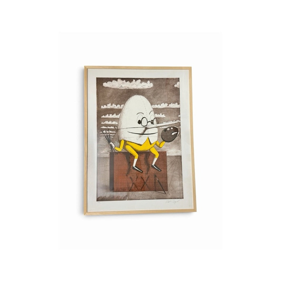Grabado enmarcado de Humpty-Dumpty, figura de huevo con traje amarillo en un fondo gris y marrón