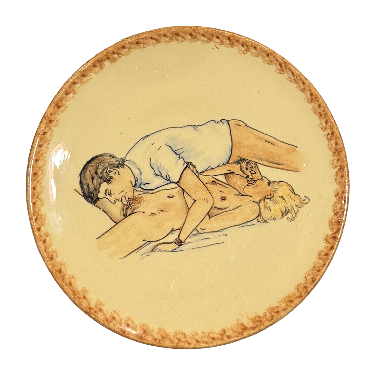 Hand painted erotic plate #2, France 50's, Ribero Vallauris