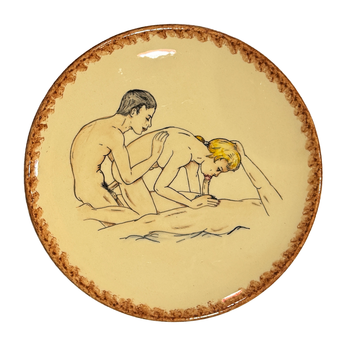 Hand painted erotic plate #7, France 50's, Ribero Vallauris