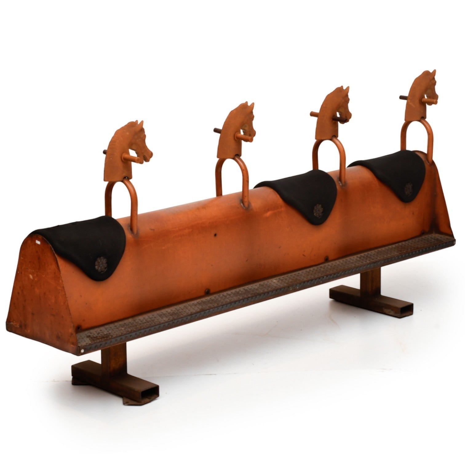 La Basilica Galeria antique industrial four-seat horse rocker with orange patina, black seats, and cast iron horse heads.