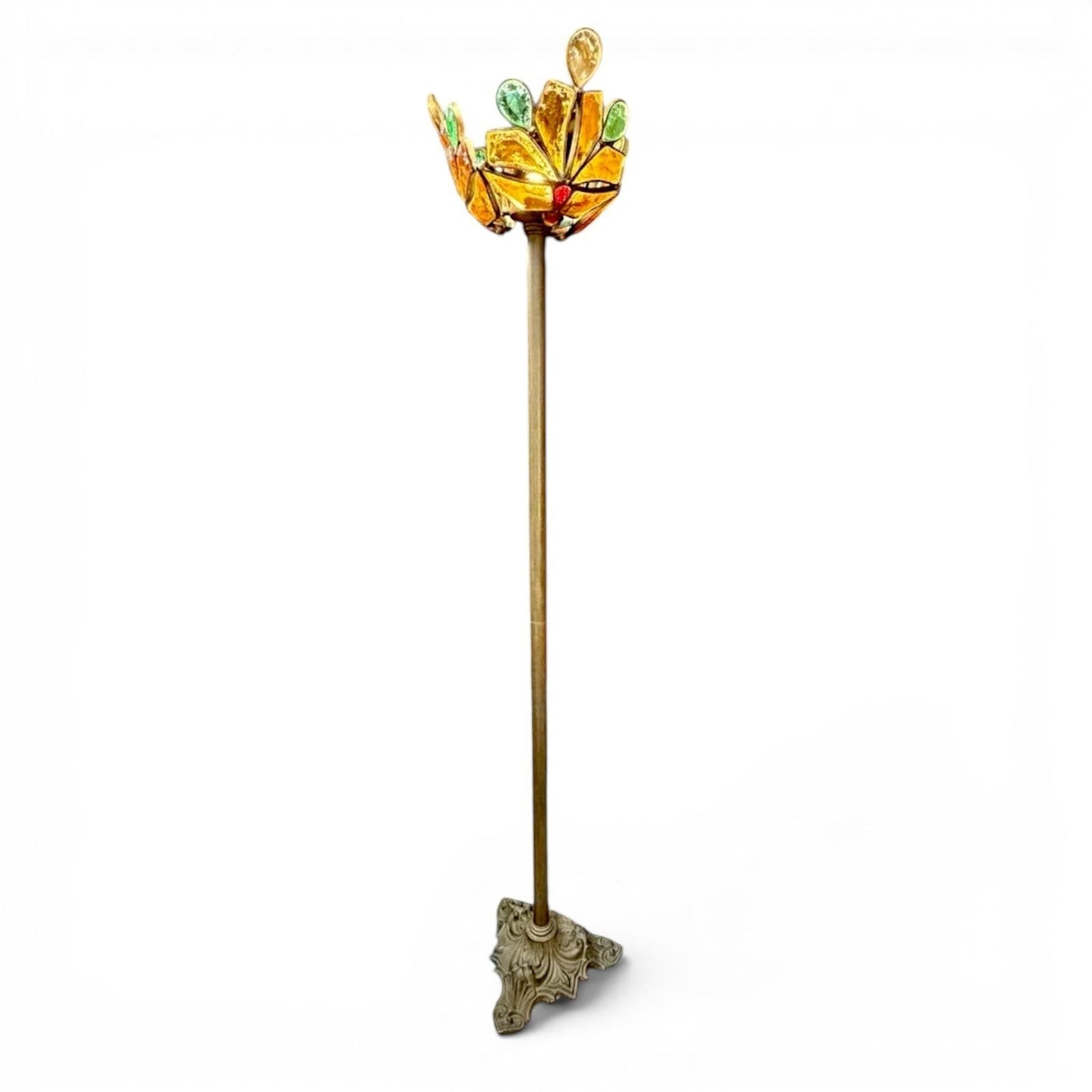 La Basilica Galeria Art Nouveau stained glass floor lamp with floral design shade in amber, green, and red. Brass finish stem and ornate base.
