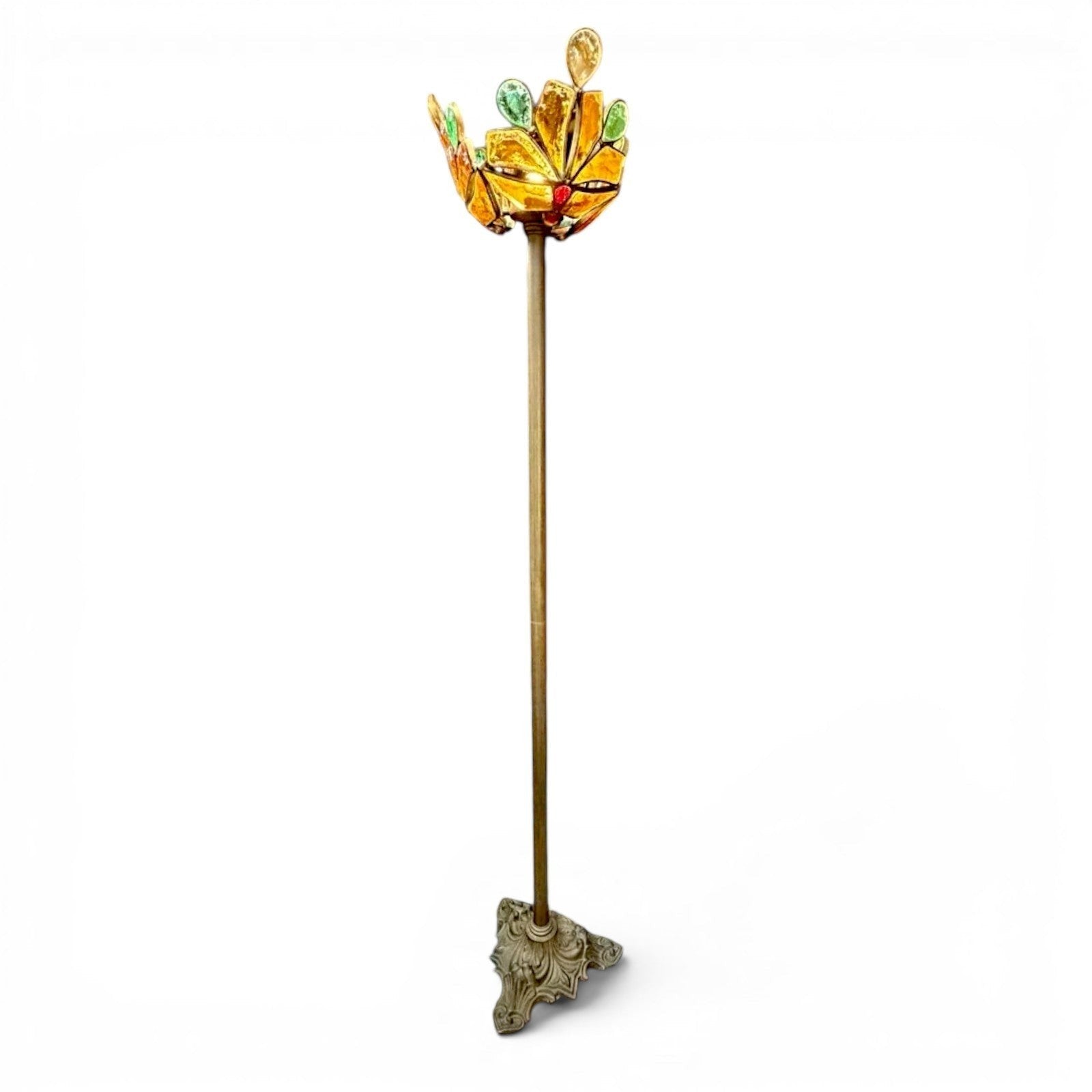 La Basilica Galeria Art Nouveau stained glass floor lamp with floral design shade in amber, green, and red. Brass finish stem and ornate base.