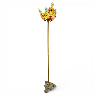 La Basilica Galeria Art Nouveau stained glass floor lamp with floral design shade in amber, green, and red. Brass finish stem and ornate base.
