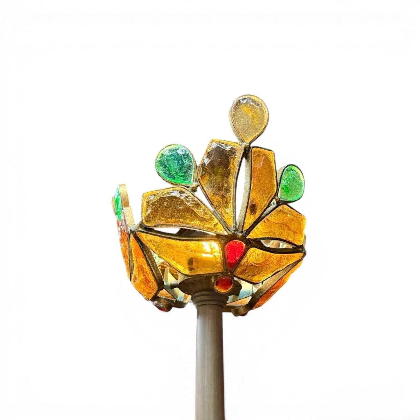 La Basilica Galeria Art Nouveau stained glass floor lamp with amber, green, and red glass in a floral design.