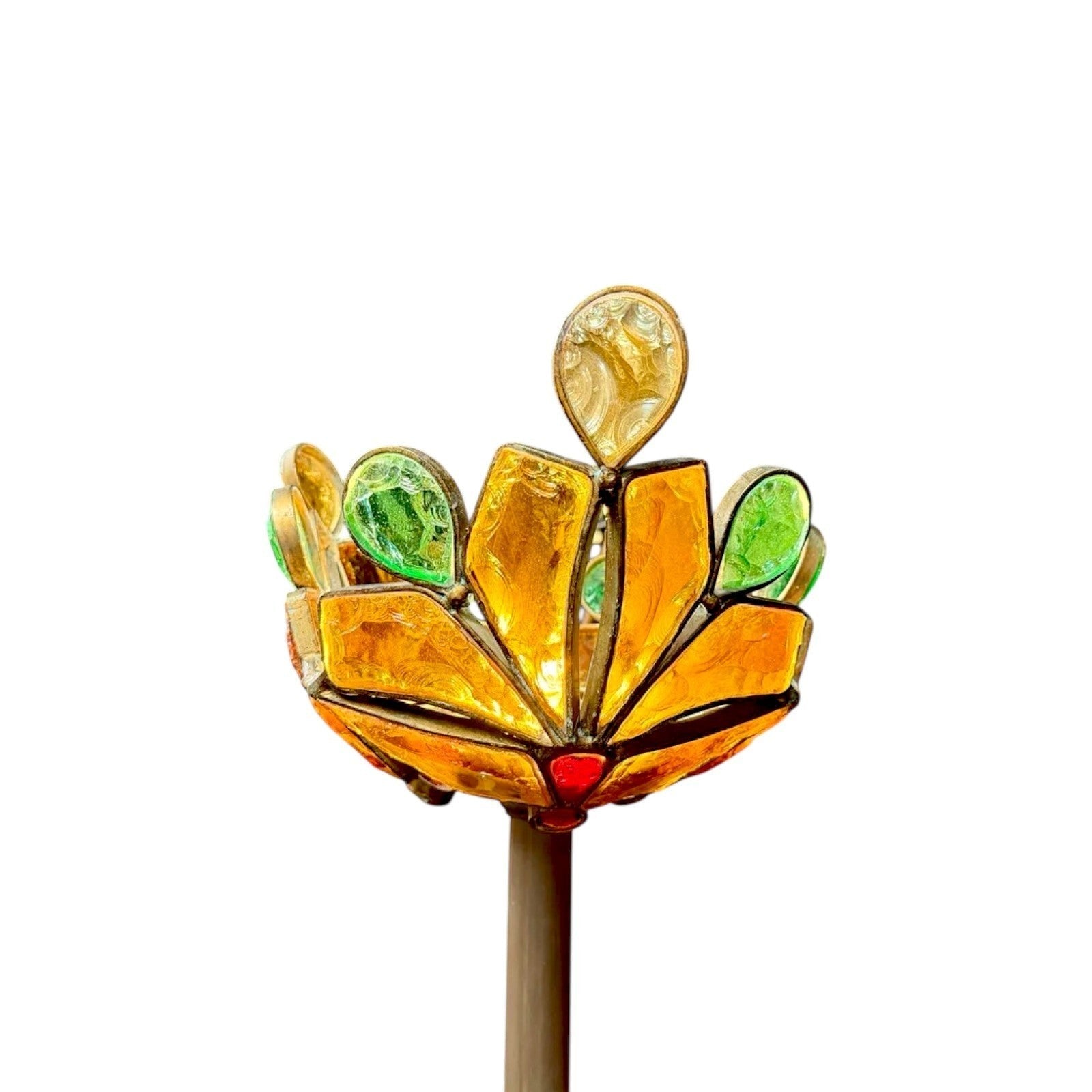 La Basilica Galeria Art Nouveau stained glass lamp shade with amber, green, and clear glass petals in a floral design.