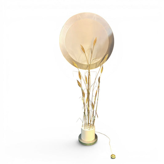 La Basilica Galeria brass wheat sheaf floor lamp with a large circular reflector and a cylindrical base. 1980s Italian design.