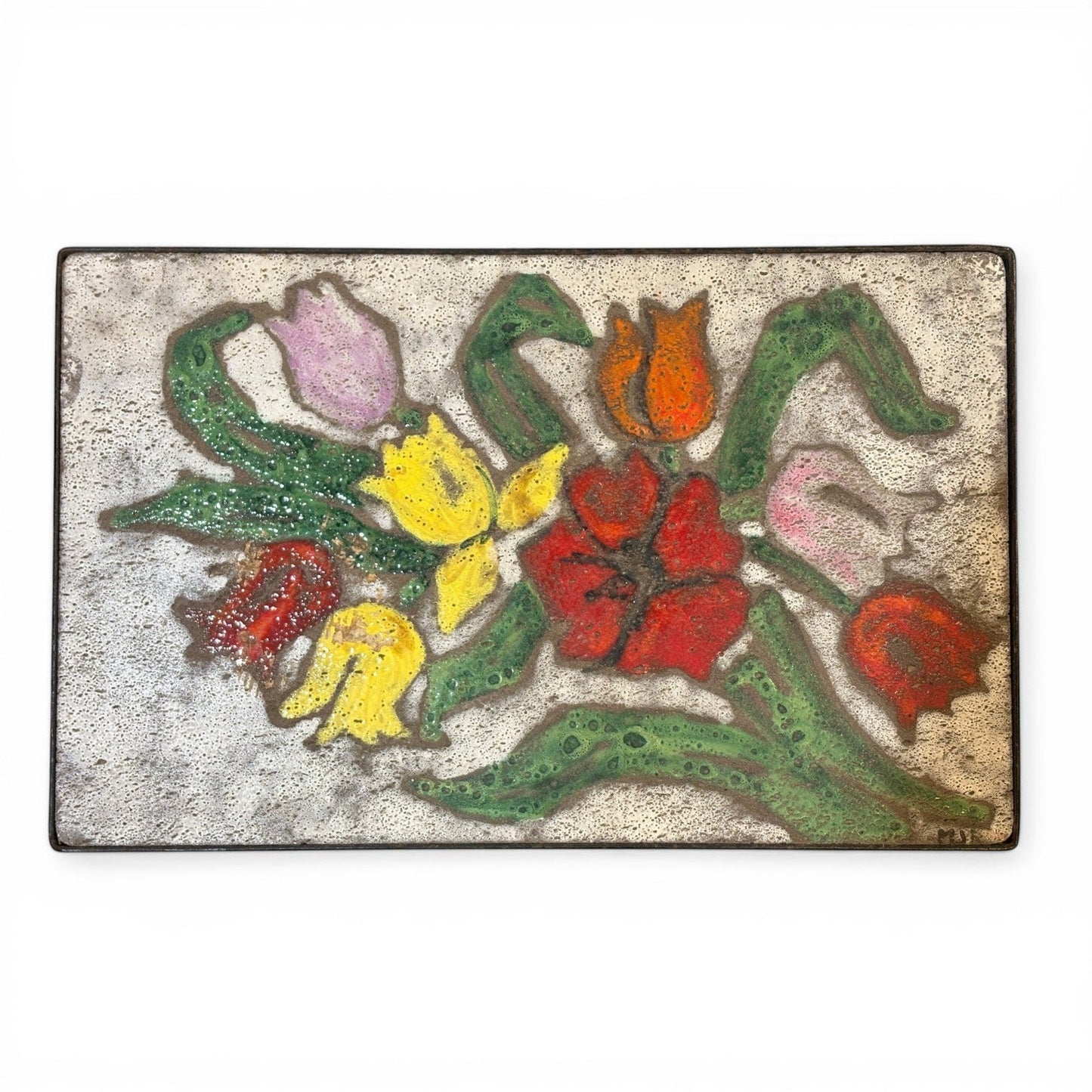 La Basilica Galeria French style accent table with hand-enameled ceramic top featuring a vibrant floral bouquet in red, yellow, pink, and orange.