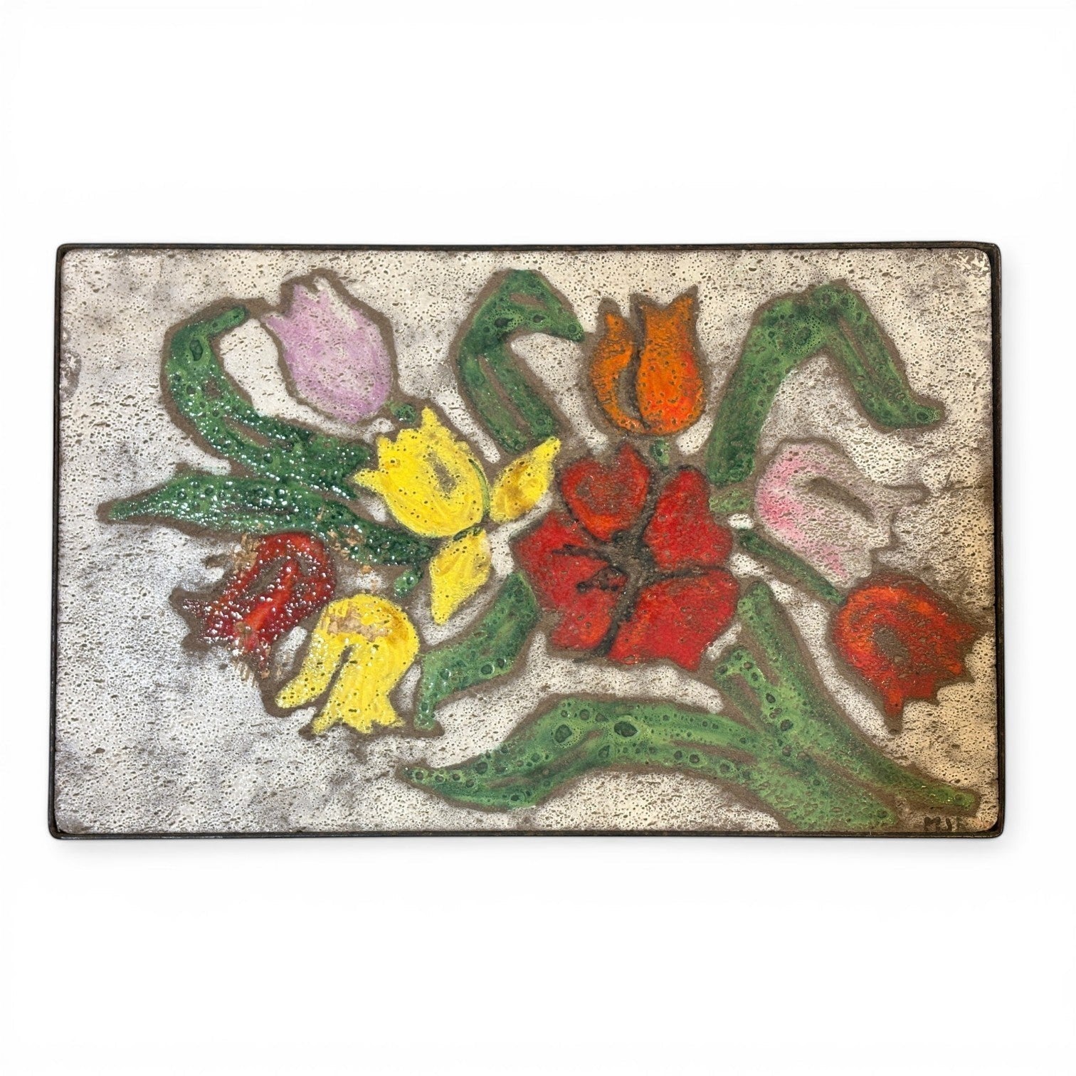 La Basilica Galeria French style accent table with hand-enameled ceramic top featuring a vibrant floral bouquet in red, yellow, pink, and orange.
