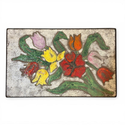 La Basilica Galeria French style accent table with hand-enameled ceramic top featuring a vibrant floral bouquet in red, yellow, pink, and orange.