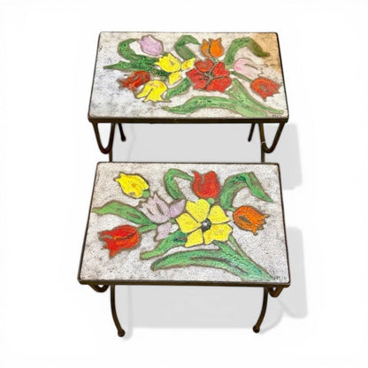 La Basilica Galeria French style accent tables with hand-enameled ceramic tops featuring colorful floral motifs and slender metal frames.