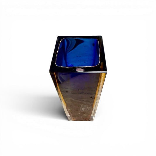 La Basilica Galeria Geometric Sommerso glass vase by Pavel Hlava, 1960s. Cobalt blue core with golden amber base encased in clear glass.