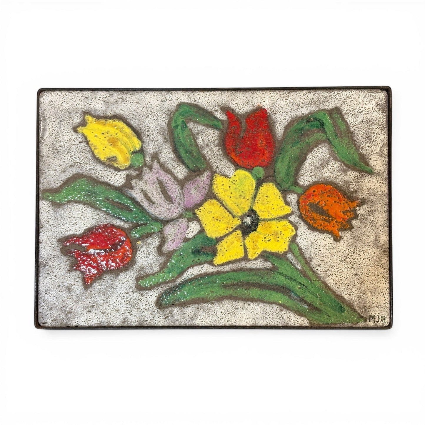 La Basilica Galeria French Style Accent Table ceramic top with hand-painted floral motif in yellow, red, orange, and purple tulips and flowers.