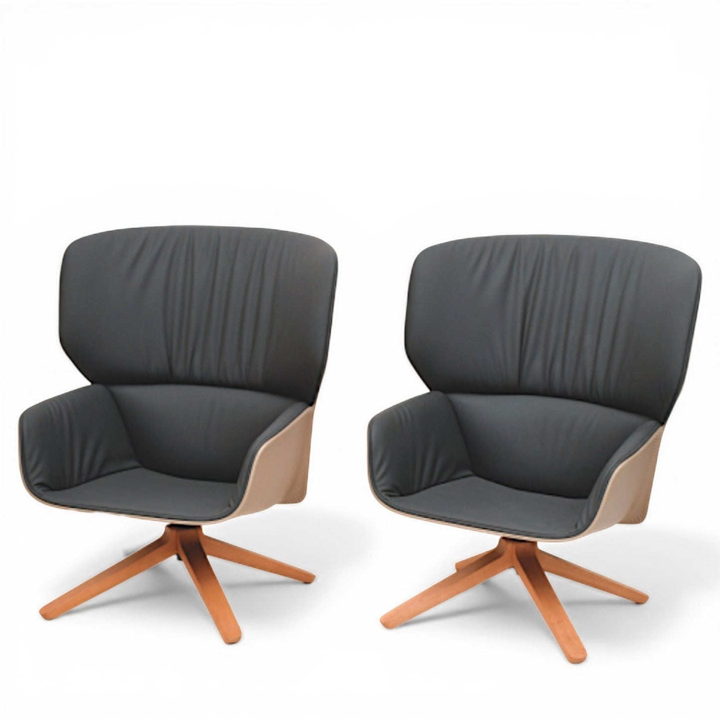La Basilica Galeria pair of Nuez Lounge Chairs by Patricia Urquiola, sand thermoplastic shell, charcoal leather interior, oak swivel base.