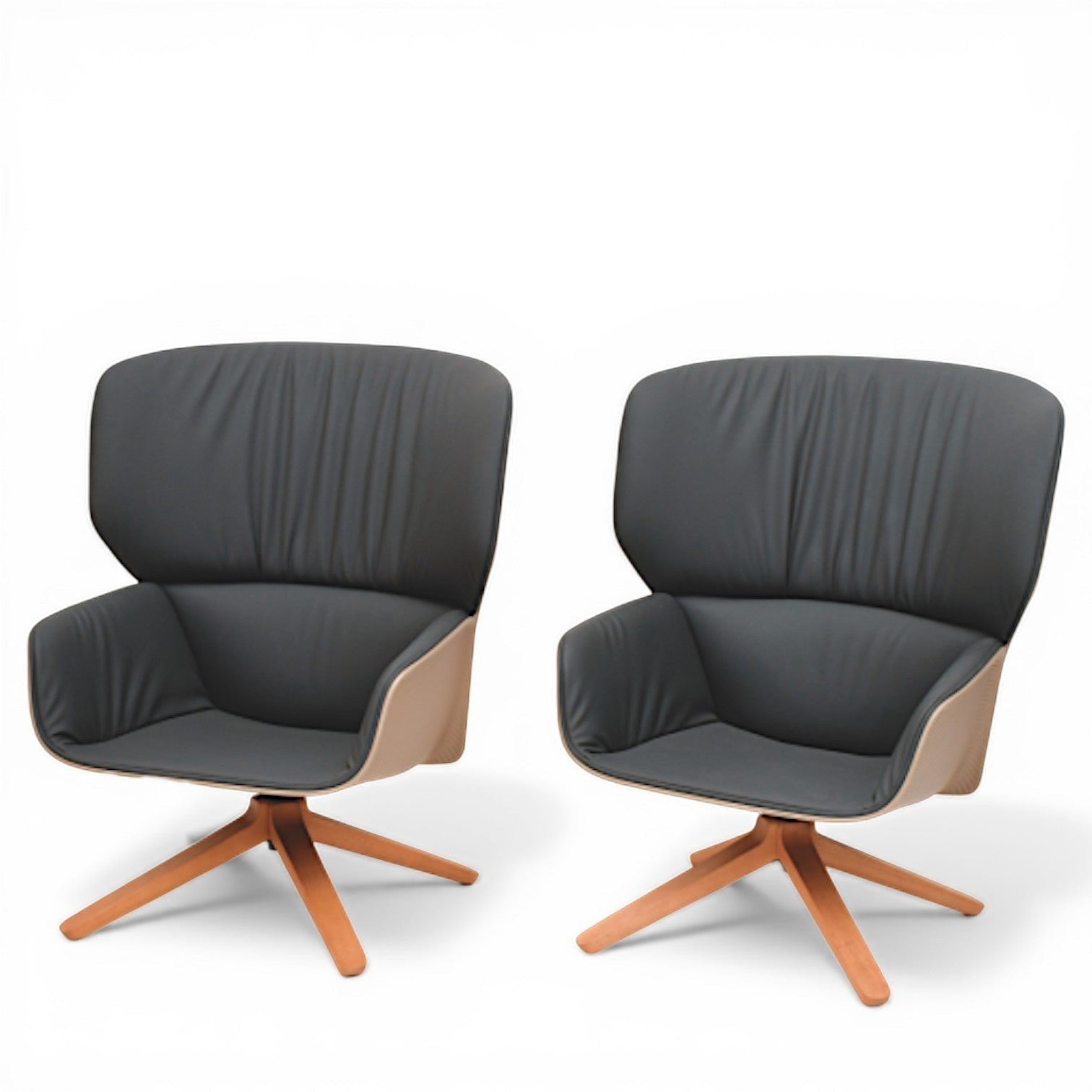 La Basilica Galeria pair of Nuez Lounge Chairs by Patricia Urquiola, sand thermoplastic shell, charcoal leather interior, oak swivel base.