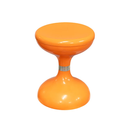 La Basilica Galeria orange molded plastic stool with hourglass silhouette and metallic accent band. Mid-century modern design.