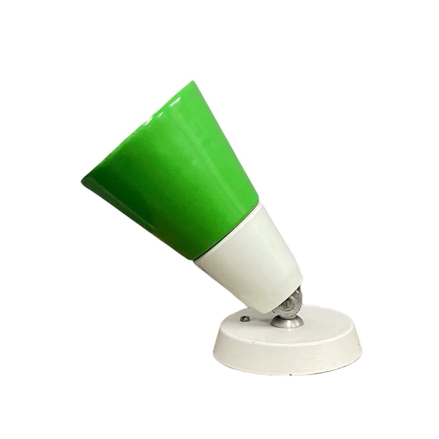 La Basilica Galeria Space Age spotlight with green and white metal cone shade, adjustable joint, and white base. Italian design from the 1970s.