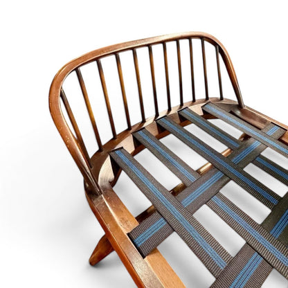 La Basilica Galeria vintage wooden spindle back bench with webbing seat, ready for upholstery. Made in England.