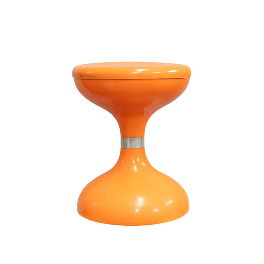La Basilica Galeria orange molded plastic stool with hourglass silhouette and metallic accent band. Mid-century modern style.