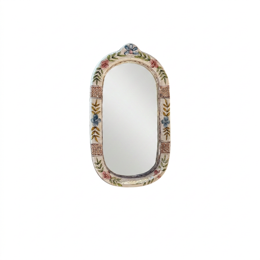 Mid Century vintage mirror with hand-painted ceramic porcelain frame featuring floral motifs and a basketweave pattern