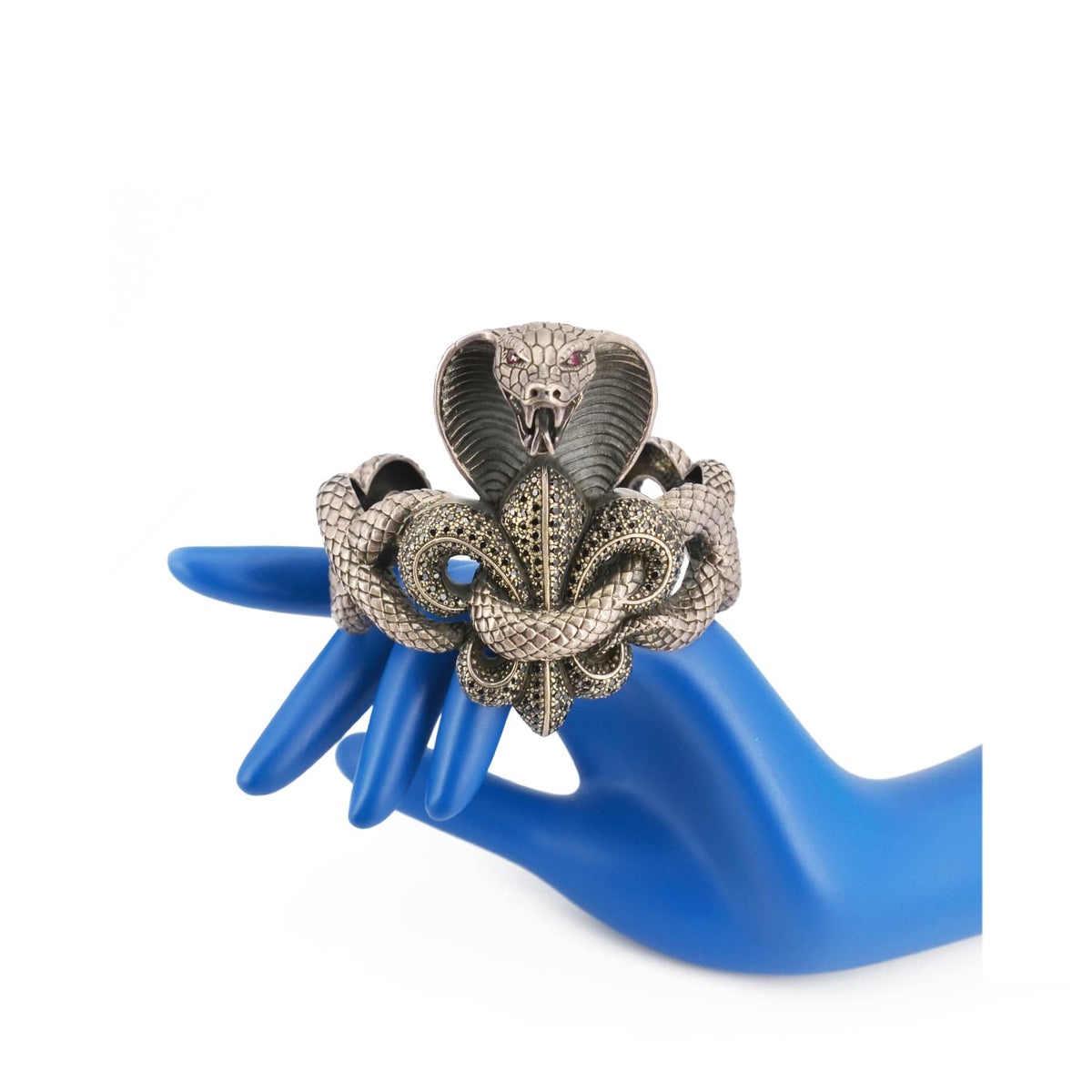 Front view of cobra head cuff bracelet with scaled texture and black pavé details