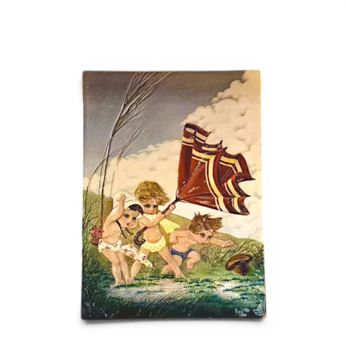 Antique enamelled ceramic plaque artwork by Mario Brunetti depicting a figurative scene of children with vibrant polychrome glazes and original framing.