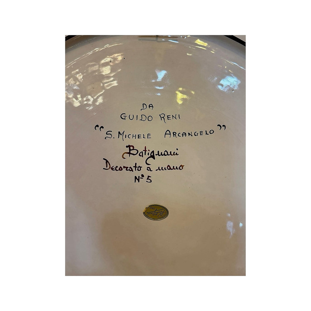 Reverso del plato con inscripción manuscrita Guido Reni, S. Michele Arcangelo y Batignani