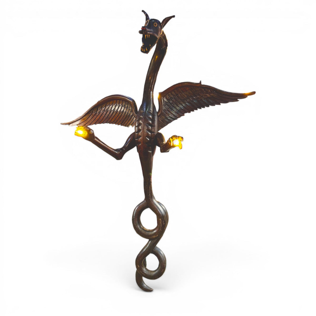 Monumental antique floor lamp carved in solid wood shaped like an Art Nouveau dragon with genuine organic teeth
