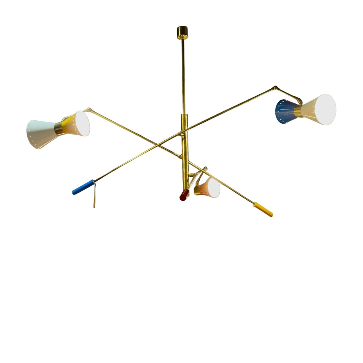Stilnovo style lamp with 3 articulated, double light arms.