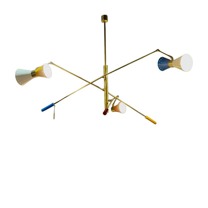 Stilnovo style lamp with 3 articulated, double light arms.
